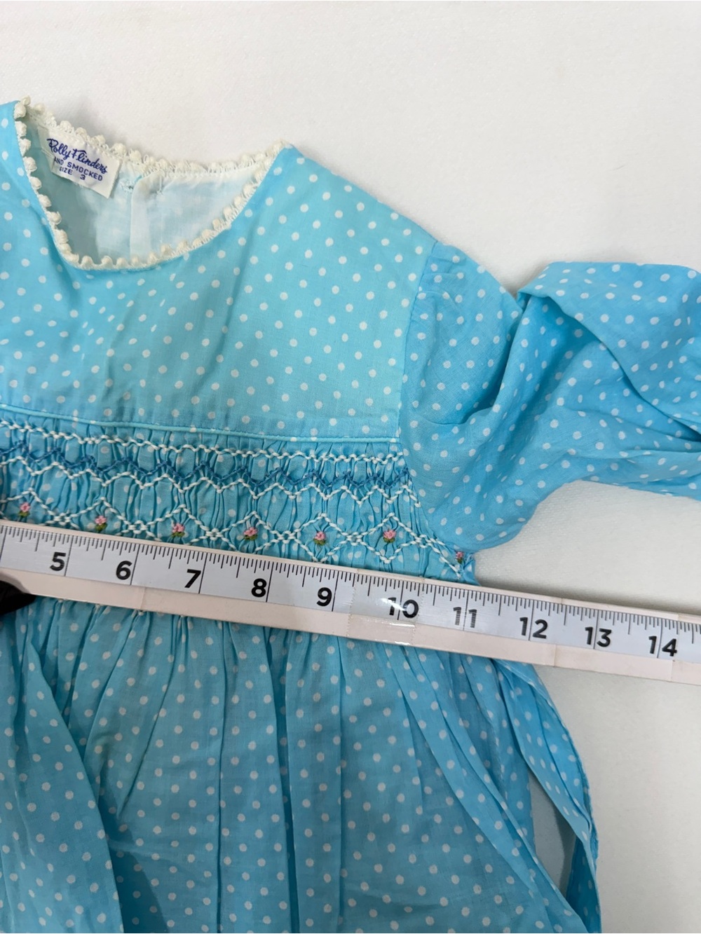 Polly Flinders Girls Vintage Hand Smocked Polka Dot Dress Blue Size 3 Picot Trim - Picture 6 of 9